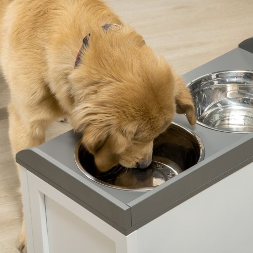 PawHut Stainless Steel Raised Dog Bowls, Double Dog Food and Water Bowl w/ 21L Storage Drawer, for Large Dogs - White Image