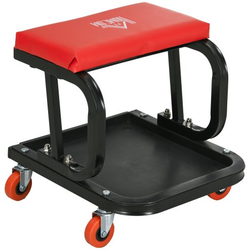 HOMCOM Workshop Stool, Rolling Machine Stool with 360?? Swivel, Padded Seat, Tool Tray, for Garage, Workshop, Auto Repair, Red