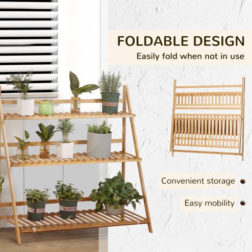 Outsunny 3-Tier Bamboo Plant Stand, Folding Plant Rack, Display Plant Shelf for Indoor & Outdoor Use, 98 x 37 x 96.5cm, Natural