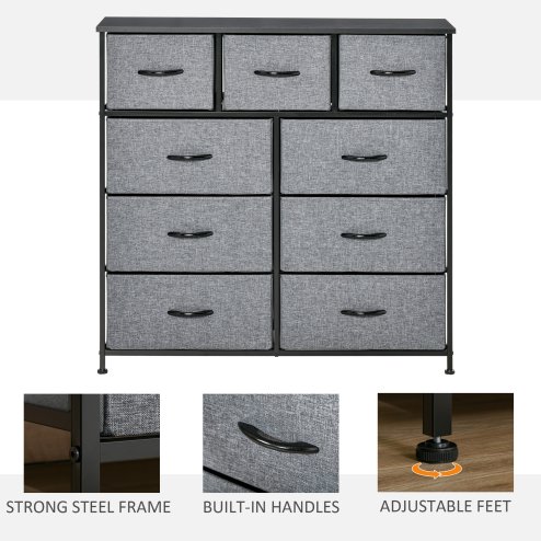 HOMCOM 9 Drawers Storage Chest Dresser Organizer Unit w/ Steel Frame, Wood Top, Easy Pull Fabric Bins, for Bedroom, Hallway, Entryway, Black & Grey