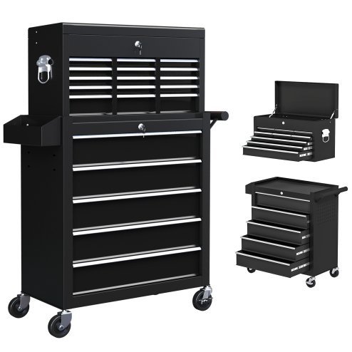 HOMCOM 2 in 1 Rolling Tool Cabinet on Wheels with 14 Drawers, Pegboard and Side Rack, Lockable Top Tool Chest and Roller Cabinet Combo for Workshop and Home, Black