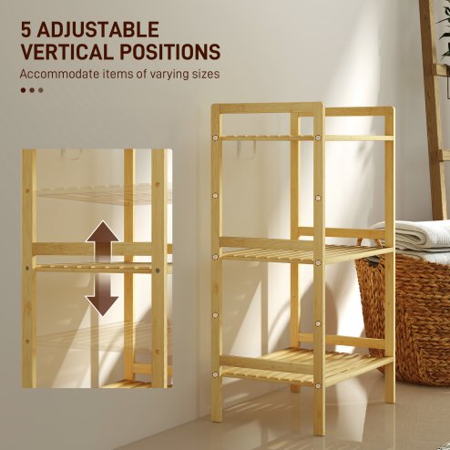 HOMCOM 3-Tier Bamboo Bathroom Storage Shelf, Freestanding Shelving Unit with Adjustable Rack for Kitchen Bathroom Living Room