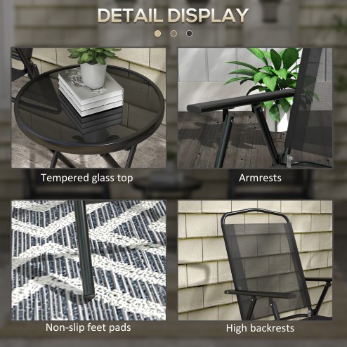 Outsunny Garden Bistro Set, 3 Pieces Table and Chairs Set, Outdoor Garden Furniture with Foldable Breathable Mesh Fabric Armchairs & Glass Top Coffee Table, Black