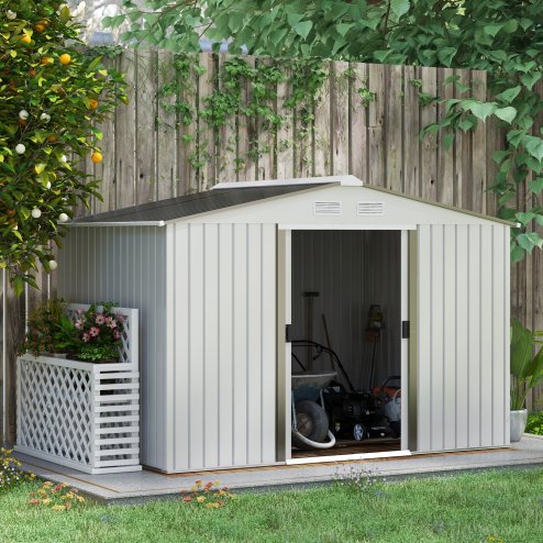 Outsunny 9 x 6ft Metal Garden Shed, Outdoor Storage Tool House with Ventilation Slots, Foundation Kit and Lockable Double Doors, Silver