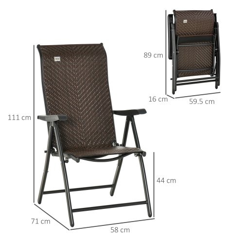 Outsunny Set of 2 Outdoor Wicker Folding Chairs, Patio PE Rattan Dining Armrests Chair set with 7 Levels Adjustable Backrest, for Outdoors, Camping, Brown