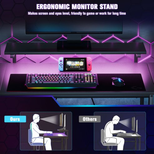HOMCOM L Shaped Gaming Desk with LED Lights, Power Outlet, USB Charging Ports, 107cm Reversible Corner Computer Desk with Storage Shelves, Monitor Stand for Home Office, Small Space, Black