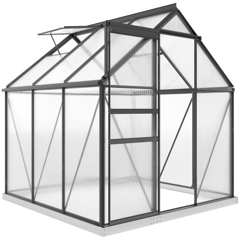 Outsunny Polycarbonate Greenhouse, Small Greenhouse with Adjustable Roof Vent, Garden Green House with Galvanised Base, Sliding Door and Rain Gutter, 190 x 190 x 200 cm, Grey