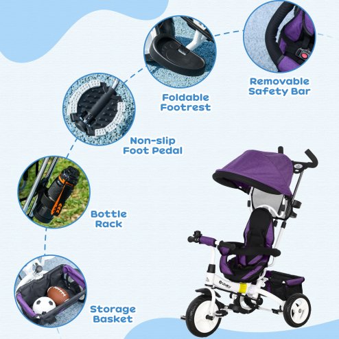 HOMCOM 6 in 1 Trike, Kids Tricycle, Pedal Push Bike w/ Push Handle, Removable Canopy, 5-point Safety Belt, Storage, Footrest, Brake, for 1-5 Years Toddler, Purple