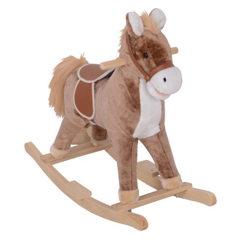 HOMCOM Kids Children Plush Rocking Horse Wooden Base Ride On Toy Rocker with Handle Grip Traditional Toy Fun Gift for Age 3+ (Brown & White) Image