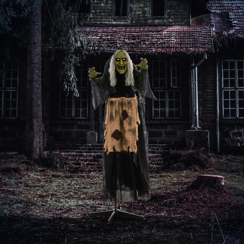 HOMCOM 160cm Witch Outdoor Halloween Decoration, Halloween Animatronic with Sound Activated, Light Up Eyes, Sound Effects, Animated Prop for Haunted House