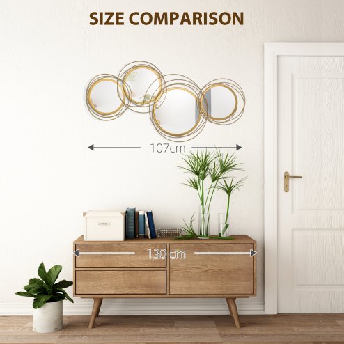 HOMCOM Metal Wall Art 107cm Modern Decorative Mirror Decor Hanging Home Wall Sculptures for Living Room Bedroom Dining Room, Gold