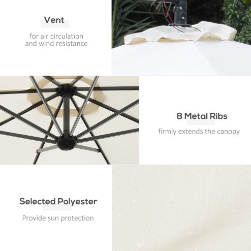 Outsunny 3(m) Banana Cantilever Parasol with Solar LED Lights, Garden Umbrella with Cross Base and Crank Handle, Hanging Offset Sun Shade for Outdoor, Patio, Cream White