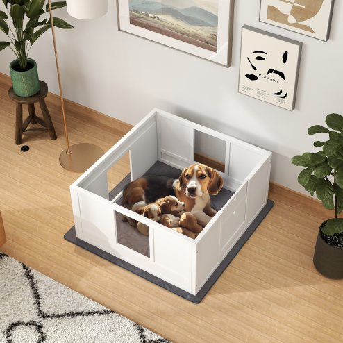 PawHut Whelping Box for Dogs, Dog Whelping Box, Dog Playpen Fence Exercise Play Pen with Water-Resistant Washable Whelping Pad, Adjustable Entrance, Non-Slip Pads, for Medium Dogs, Puppies, 100 x 96cm Image