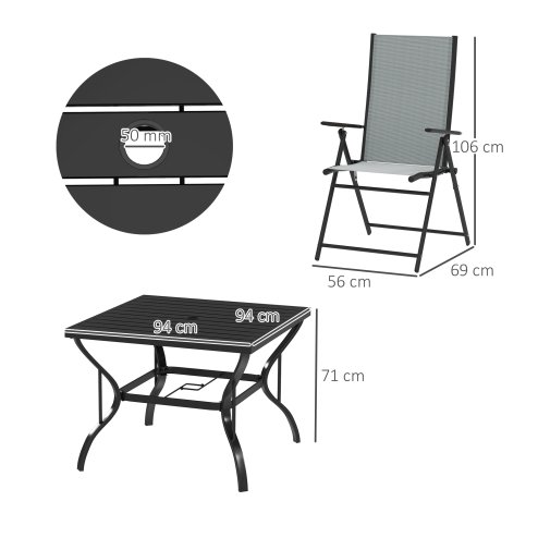 Outsunny 5 Pieces Garden Dining Set, 4 Seater Garden Furniture Set with Parasol Hole, Outdoor Dining Set with High Back Folding Chairs and Square Metal Top Table for Outdoor Patio, Grey