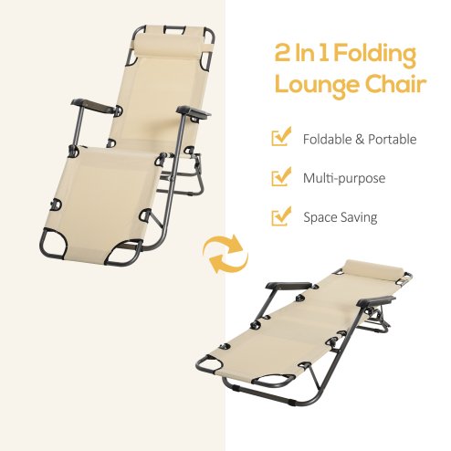 Outsunny 2 in 1 Folding Sun Lounger Reclining Garden Chair with 2-Level Adjustable Backrest, Outdoor Zero Gravity Recliner Garden Chair with Head Pillow and Armrests, Beige