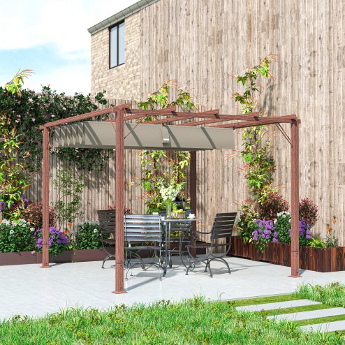 Outsunny 3 x 3(m) Garden Pergola with Retractable Roof Canopy and Wood Grain Aluminium Frame, Outdoor Gazebo Pergola Kit, UPF30+ Sun Shade Shelter for Deck, Porch, Natural Wood Finish