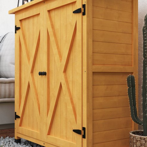Outsunny Wooden Garden Storage Shed, Tool Cabinet Organiser with Shelves and Double Door, 110 x 55 x117cm, Yellow