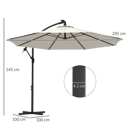 Outsunny 3(m) Banana Cantilever Parasol with Solar LED Lights, Garden Umbrella with Cross Base and Crank Handle, Hanging Offset Sun Shade for Outdoor, Patio, Beige