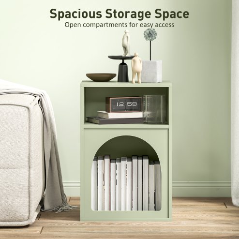HOMCOM Bedside Table, Modern Bedside Cabinet with 2 Open Compartments and Unique Arch Design, Side Table for Living Room, Bedroom, Light Green