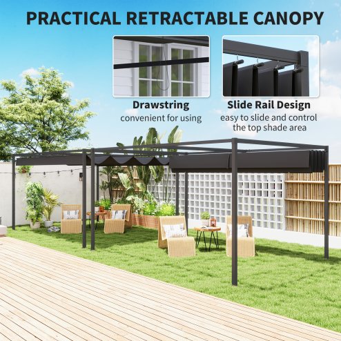 Outsunny 4 x 3(m) Metal Outdoor Pergola with Retractable Roof, Outdoor Gazebo Canopy Shelter with Drainage Holes for Garden, Patio, Lawn, Black