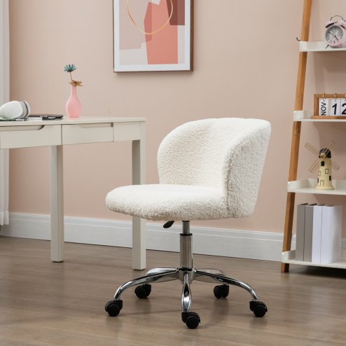 HOMCOM Office Chair, Cosy Teddy Fleece Upholstery Desk Chair with Backrest and Wheels for Home Office, White