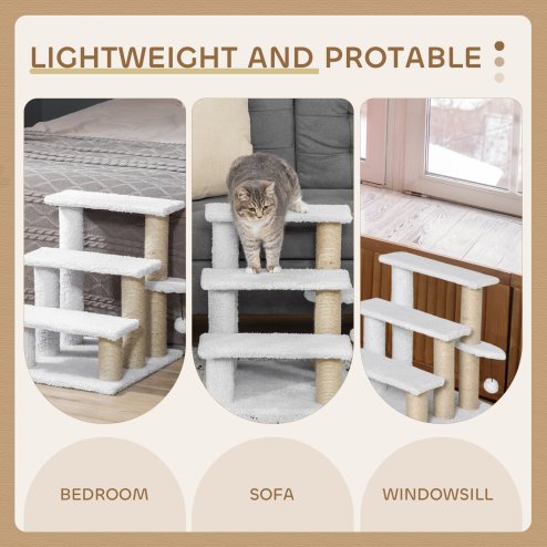 PawHut Pet Stair, Cat Tree with 3-step Climb Ladder, Scratching Posts, Platforms, Toy Ball, for Indoor Elderly Cats Kittens, White