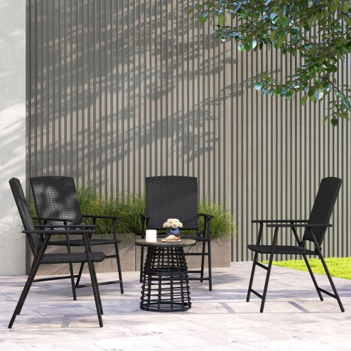 Outsunny Folding Garden Chairs Set of 4, PE Rattan Garden Dining Chairs with Armrests, High Back and Steel Frame, Weather Resistant Outdoor Dining Furniture for Patio, Balcony, Black