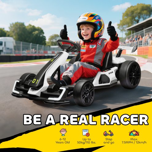 HOMCOM 24V Electric Go Kart for Kids, Ride On Racing Kart with Adjustable Seat, Battery Powered Drifting Ride On Car with Music, Light, Slow Start, Button Start, Horn, for 6-12 Years, White