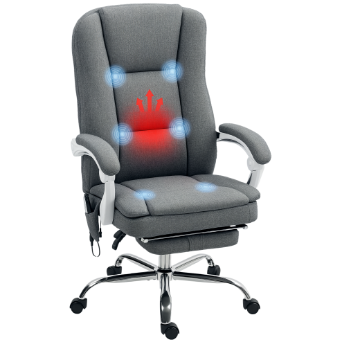 HOMCOM Office Chair with 6-point Massage and Heat, Fabric Computer Desk Chair with Reclining Backrest, High Back, Height Adjustable, Swivel Wheels, Footrest, Remote, for Home, Grey