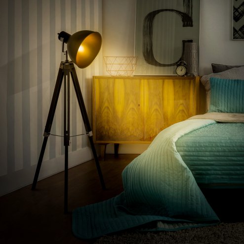 HOMCOM Tripod Floor Lamp, Spotlight Reading Lamp w/ Adjustable Height, Angle, Wood Legs for Living Room, Bedroom, Home, Office, Black and Gold Image