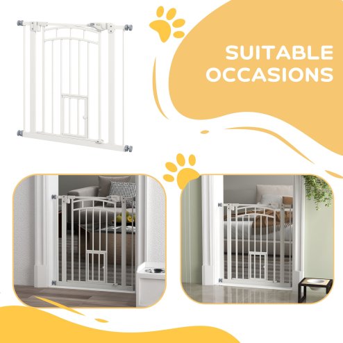 PawHut Dog Stair Gate Pet Barrier with Small Cat Door, Pressure Fit Safety Gate  with Auto Closing System, Double Locking, for Hallways - White