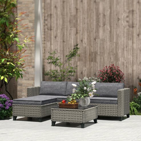 Outsunny 5 Pieces PE Rattan Garden Furniture Set, 4 Seater Garden Corner Sofa Set with Glass Coffee Table, Wicker Outdoor Furniture Set with Cushions for Patio Deck, Dark Grey