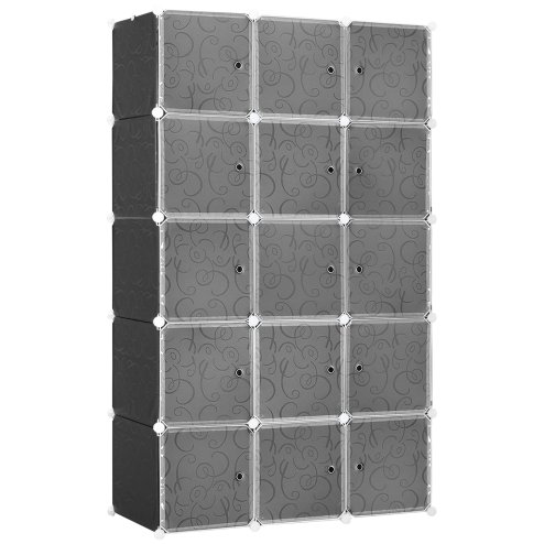 HOMCOM Portable Wardrobe for Bedroom, 15 Cube Closet with Hanging Rail, Modular Storage Cabinet, Plastic Armoire for Space Saving, White and Black