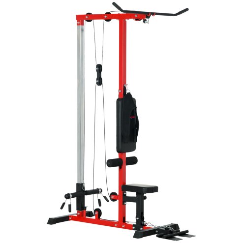 SPORTNOW Lat Pull Down Machine with Adjustable Seat, High and Low Pulley Cable Machine with Flip-Up Footplate, Multi-Function Home Gym Fitness Equipment - Red