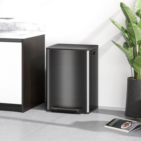 HOMCOM Dual Kitchen Bin, 2 x 30L Stainless Steel Double Pedal Bin with Soft-Close Lid, Removable Inner Buckets and Handles for Recycling and Waste