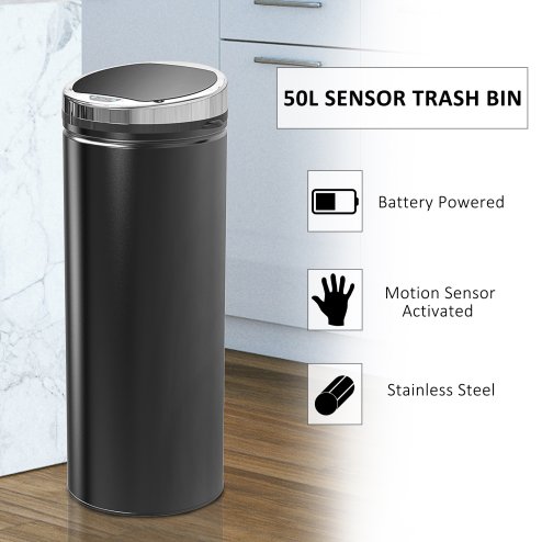 HOMCOM 50L Sensor Bin for Kitchen Waste Automatic Dustbin Motion Detection Dustbin Stainless Steel Rubbish Can with Bucket, Black