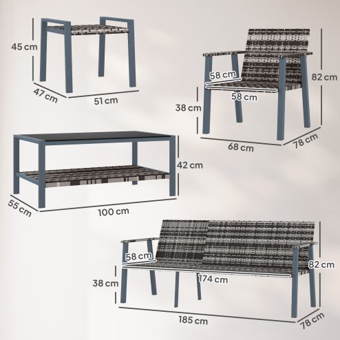 Outsunny 6 Piece Rattan Garden Furniture Set with 3-Seater Sofa, 2 Chairs and 2 Footstools, 7 Seater Outdoor Sofa Set with Glass Top Coffee Table and Cushions for Balcony, Grey