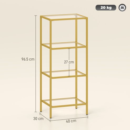 HOMCOM 4-Tier Shelving Unit, Modern Glass Shelf, Bookshelf, Storage Rack for Living Room, Home Office, Bedroom, Bathroom, 40 x 30 x 97 cm, Gold Tone