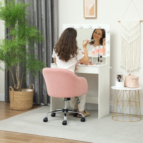 HOMCOM Office Chair, Teddy Fleece Swivel Computer Desk Chair, Makeup Vanity Seat with Adjustable Height for Home Study Bedroom, Pink