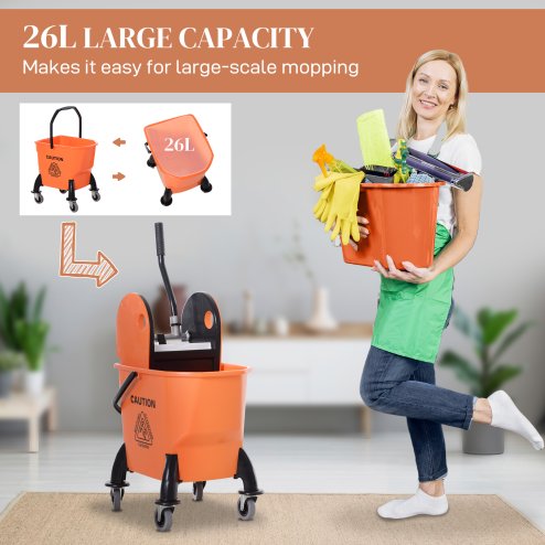 HOMCOM 26L Mop Bucket with Wringer, Mop Bucket on Wheels with Carry Handle, Mop Holder, Plastic Body for Household, Orange