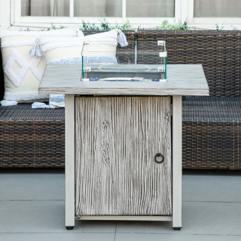 Outsunny Propane Gas Fire Pit Table for Garden, 40000 BTU Smokeless Firepit Outdoor Patio Heater with Waterproof Cover, Glass Screen, Glass Beads and Lid, Wood Effect, 71 x 71 x 62.5cm, Grey