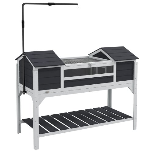 PawHut Tortoise House, Wooden Tortoise Enclosure with Adjustable Lamp Holder, Tortoise Table with Openable Lid, Dual Main Houses, Storage Shelf, Basking Area, Fixed Tray - Grey