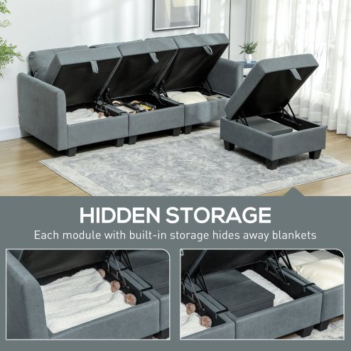 HOMCOM Convertible Modular Sectional Sofa with Storage, Tufted 3 Seater Sofa Set, L Shaped Couch with Ottoman, Wood Frame for Living Room