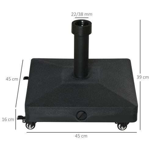 Outsunny Heavy Duty Garden Parasol Base Stand with Wheels, 18kg Sand or 16kg Water Filled Patio Umbrella Base Square Outdoor Umbrella Stand Holder, Black