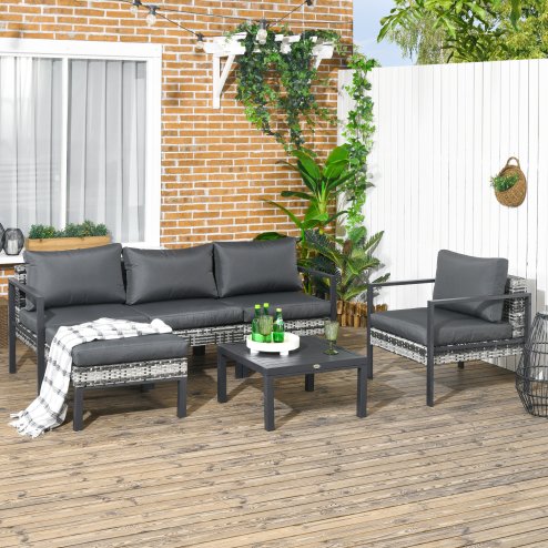 Outsunny 6 Pieces PE Rattan Garden Furniture Set with Sofa, Armchairs, Stool, Patio Sofa Set with Metal Coffee Table, Cushions, for Poolside, Charcoal Grey