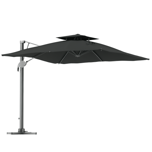 Outsunny 3 x 3 m Cantilever Parasol with Hydraulic Opening, Heavy Duty Aluminium Hanging Garden Parasol, Double Top Square Patio Umbrella with 360° Rotation, 8 Ribs, Cross Base, Grey