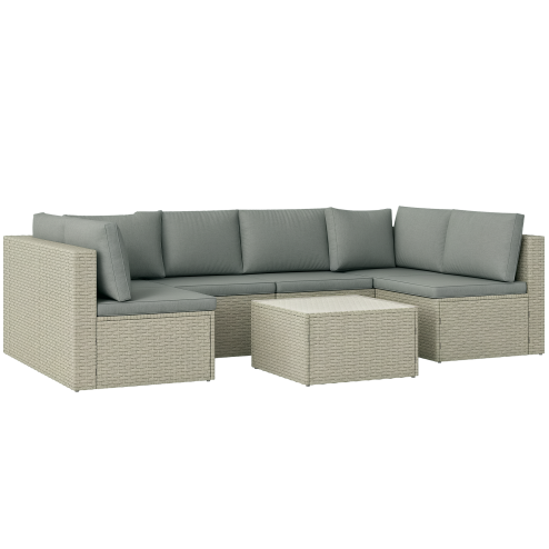 Outsunny 7 Pieces Rattan Garden Furniture Set, 6 Seater Garden Corner Sofa with Wide Seat, Cushions and Glass Top Table, Sectional Outdoor Furniture Conservatory Set for Patio, Light Brown