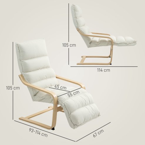 HOMCOM Birch Wood Lounge Chair, Upholstered Recliner Lounge Seat with Adjustable Footrest, Modern Armchair for Living Room, Bedroom, Balcony, Office, Cream White