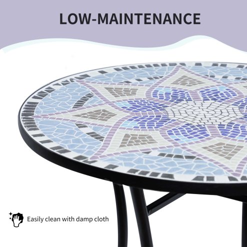 Outsunny 60 cm Mosaic Garden Table, Small Round Outdoor Side Table with Ceramic Top, Plant Stand for Patio, Balcony, Blue and White