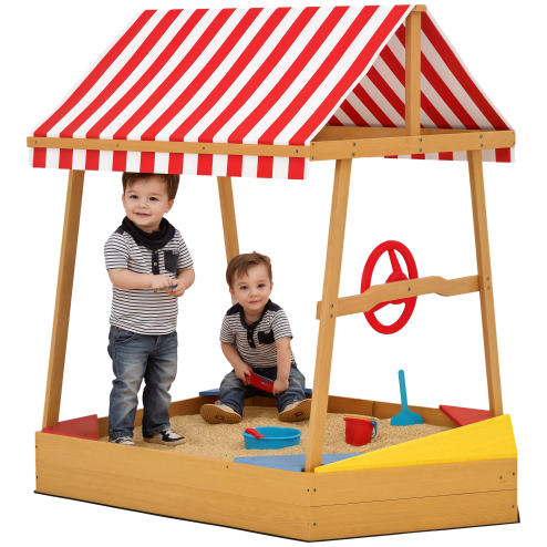 AIYAPLAY Wooden Kids Sandpit, Boat Sandbox with Canopy, Seats, Rudder & Non-woven Fabric Bottom Liner, Outdoor Sand Pit for Children 3-8 Years, for Garden, Grass, Beach, Yellow
